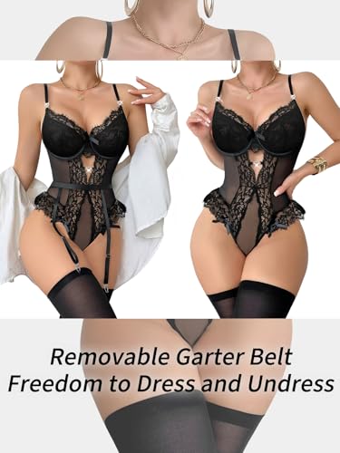 Image of Lilosy Sexy Stocking Lace Mesh Bodysuit Top Underwire Garter Lingerie Set 3 Piece