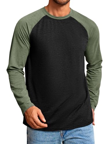 Runcati Mens Baseball Shirt Casual Raglan Long Sleeve Crewneck Graphic T-Shirt Lightweight Vintage Tops Black