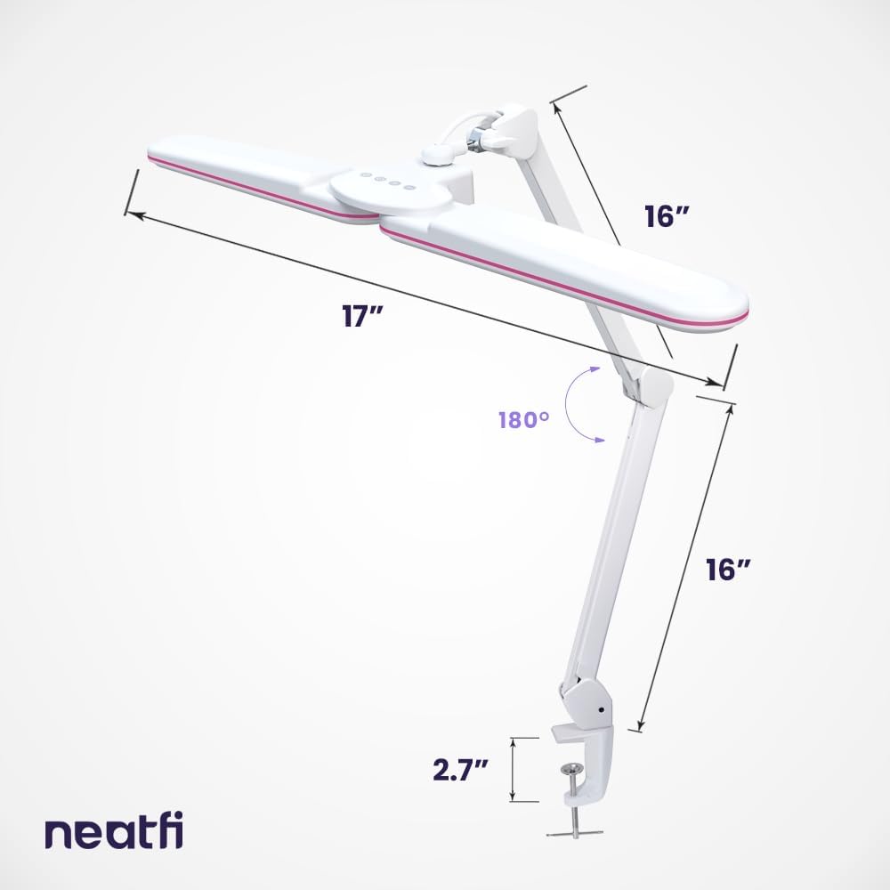 Neatfi Elite HD XL LED Desk Lamp, 3 Light Modes, 90PCS SMD LED, Non-Polar Dimming, Bright Eye-Caring Lighting for Home Office, Drafting, Beauty Shop, Workbench (CCT with Clamp, Pink Ring, 17 Inches)