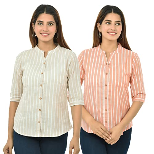 Image of Women /Girls Cotton Stripe Regular Fit Shirts Pack of 2