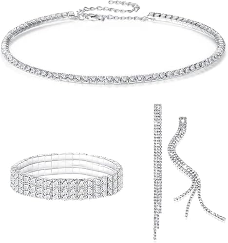 FDEETY Juegos de Joyas de Mujer Conjunto de Joyería para Novia Diamantes de Imitación Collar Pulsera Pendientes de Borla Juego para Fiesta de Boda (Plata)