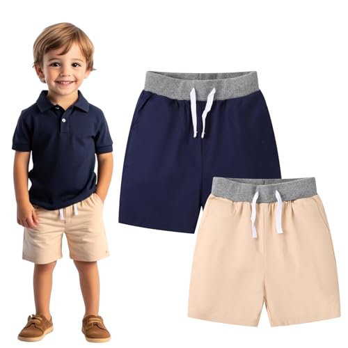 Image of HILEELANG Toddler Boy Chino Shorts Summer Cotton Stretch Drawstring School Uniform Jogger Shorts 2 Pack