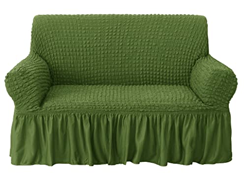 Image of House of Quirk Turkish Bubble Frill Five Seater 3 + 2 Sofa Slipcovers 280 GSM, Durable Washable Universal Triple Seater High Elastic Furniture Protector (Green)