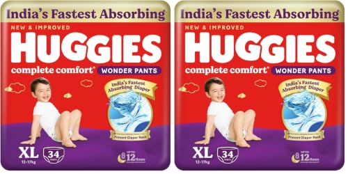 Image of Huggies Complete Comfort Wonder Pants | Pant Style Baby Diapers Extra Large Size (XL), 34 Count | India's Fastest Absorbing Diaper, Prevents Diaper Rash, Ideal for 12 to 17 Kgs (Pack of 2)