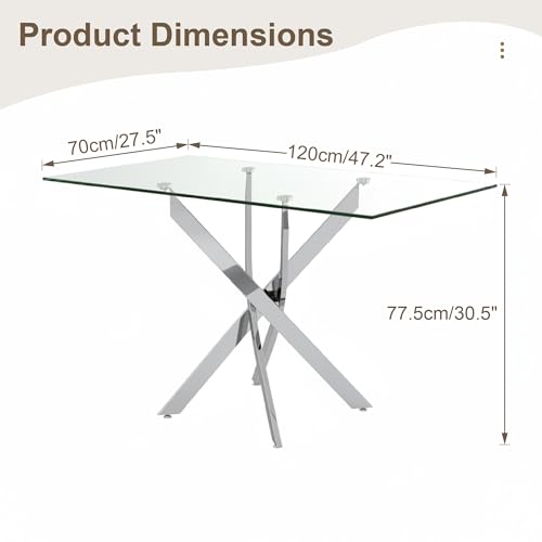Image of 5 Piece Glass Dining Table Set for 4, Modern Tempered Glass Top Kitchen Table and Chairs Set, 4 Upholstered Chairs, Space-Saving Small Apartment Dining Set, Silver & White