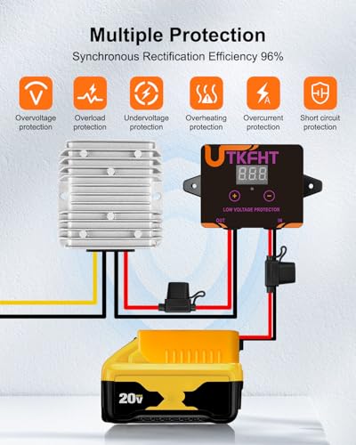 20V to 12V Step Down Voltage Converter Compatible with Dewalt 20V Battery, DC Voltage Regulator 15A MAX 120W Power Wheel Battery Adapter, Step Down Converter with Upgrade Low Voltage Protection4