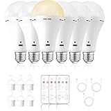 Scheinenda USB Rechargeable Light Bulbs with Remote and Timer, 3 Color Temperatures Dimmable Battery Operated Light Bulb, A21 2000mAh Battery Powered LED Bulb for Power Outage Camping, 6 Pack