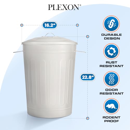 Image of Plexon 13 Gallon Metal Trash Can with Lid Outdoor Vintage Trash Can Steel Retro Garbage Can for Kitchen Farmhouse Rustic Bird Seed Storage Pet Food Cute Bucket, Off-White 2 Pack