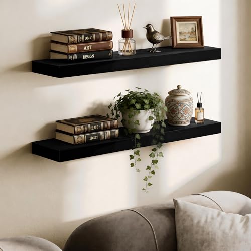 BAMEOS Bamboo Floating Shelves Wall Mounted Wooden Shelves with Invisible Brackets Set of 2, Hanging Wall Decor for Bedroom, Bathroom, Living Room and Kitchen