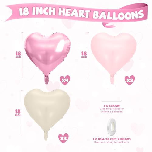 Image of Pink Heart Balloons, 10 Pcs Pastel Light Baby Pink White Foil Heart Shaped Balloon, 18 Inch Cream Sand White Balloons Helium for Engagement, Brithday, Baby Shower, Wedding, Valentines Party Decoration