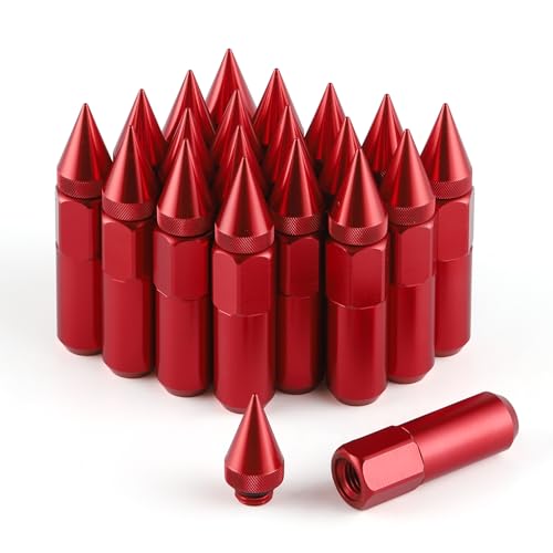 Image of SINGARO 20PCS M12X1.5 Wheel Lug Nuts, Cap Spiked Extended Tuner 60mm Aluminum Wheels Rims Lug Nuts (Red)