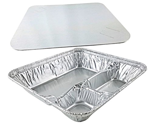 Pactogo Large 3-Compartment Oblong Aluminum Foil Take-Out Pan Senior Feeding Tv Dinner Entrée Tray W/Board Lid (Pack Of 25 Sets) #TOP26