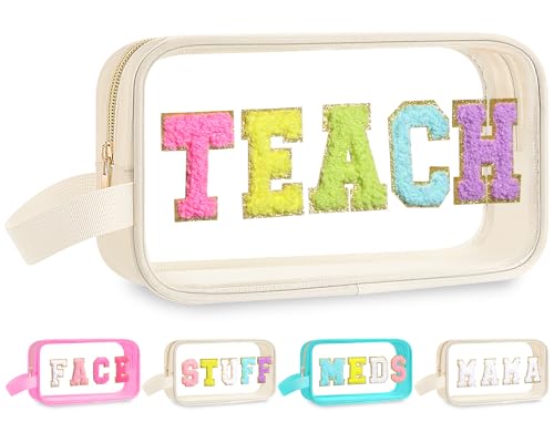Kacctyen Teach Bag Teachers Appreciation Gift Survival Kit Makeup Bag Pouch Clear Chenille Letter Nylon Cosmetics Toiletry Waterproof Pencil Travel Pouch Teacher Accessories for Women