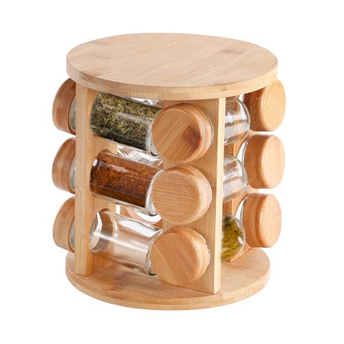 Estante de madera, estante giratorio, organizador de condimentos, soporte para tarros que ahorra espacio, diseño de almacenamiento giratorio de 360°, 5.91 x 5.91 x 12.2 pulgadas, para condimentos de