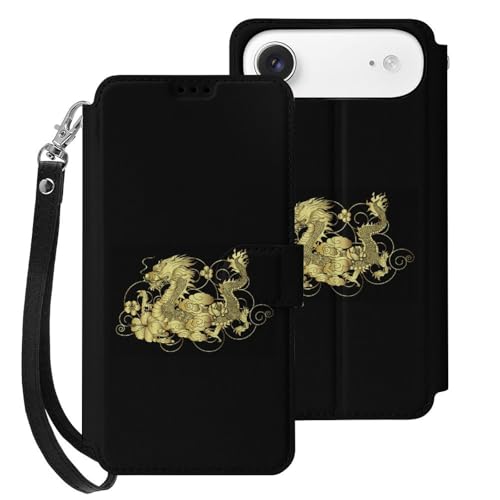 iPhone17Air用ケース 手帳型 金 龍 和風 伝統 アイフォン17Air用ケース 財布型 2025年新型 スマホケース PUレザー カード収納 スタンド機能 サイドマグネット ストラップ付き