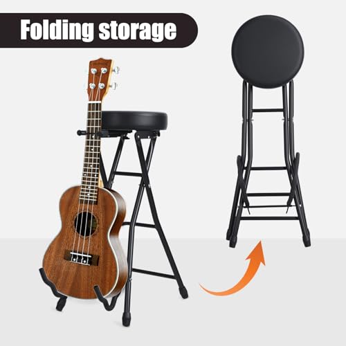 Image of Guitar Stool with Padded Seat, Foldable Guitar Chair with Guitar Stand, Retractable Hook,Fits Acoustic, Electric & Bass Guitars Black