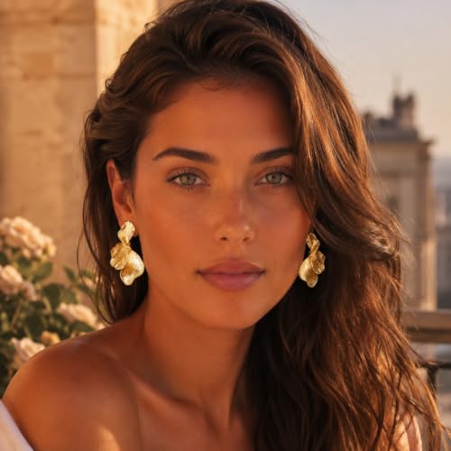 Image of Gold Flower Clip On Earrings for Women, Statement Textured Petal Flower Earrings with Soft Cushion Pads, Lightweight Non Pierced Floral Jewelry