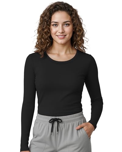 NY Threads Womens Under Scrub Slim Fit Long Sleeve T-Shirt Underscrub Comfort Tee, Large, Black