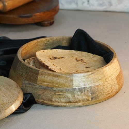 Image of Sanjeev Kapoor By OGGN Mango Wood 9 x 9 x 3 Inch, Casserole for Roti Hot Case | Wooden Roti Box | Hot Case Casserole | Big Chapati Storage Box for Home & Kitchen - Premium Wood Elegant Design