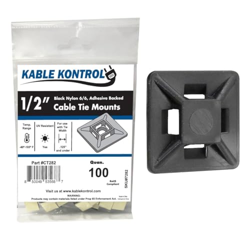 Kable Kontrol Zip Tie Mounts 1/2 Sq Black 100 Pcs Adhesive Backed Multi-Purpose UV-Resistant Mounting Squares Nylon Cable Tie Wrap Anchor Pads for Cable Management