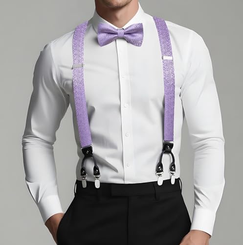 Image of Dubulle Suspender and Bow Tie for Men Paisley Solid Mens Suit Braces Pretied Bowtie and Handkerchief Cufflinks Formal Wedding