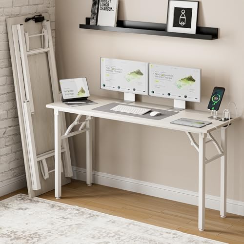 Image of Frylr Small Folding Computer Desk - 55.1 Inch Portable Table for Craft and Study, Lightweight Desk for Small Spaces, Foldable Laptop Table Built-in AC /USB Outlets for Convenience, White Ash
