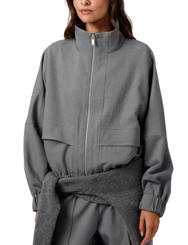 Megfie Womens Funnel Neck Full Zip Loose Cropped Bomber Jacket with Front Flap Pockets Spring Autumn(1215-Grey-M)