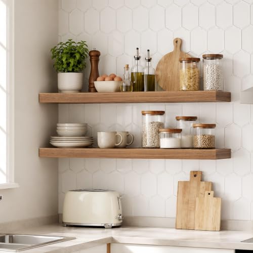 Image of HOOBRO 31.5 inch Floating Shelves for Wall, Set of 2 Wall Mounted Shelf | Hanging Shelf with Invisible Brackets, for Wall Decor Storage in Bathroom Bedroom Kitchen Living Room Office, Walnut