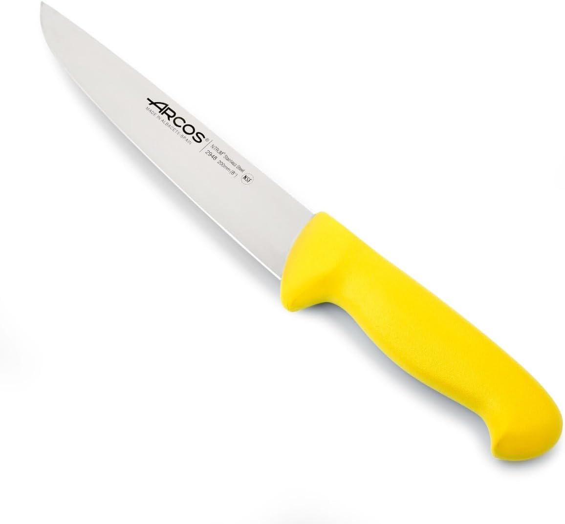 Arcos Butcher Knife 8 Inch Nitrum Stainless Steel and 200 mm blade. Professional Cooking Knife For Cutting Meat, Fish and Vegetables. Ergonomic Polyoxymethylene Handle. Series 2900. Color Yellow.
