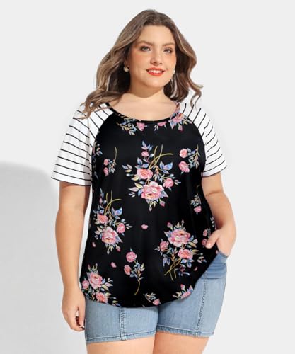 Image of CARCOS Plus Size Tops for Women Short Sleeve Raglan Striped Tee Color Block Crewneck /V Neck Tunic Loose Fit Summer XL-5XL