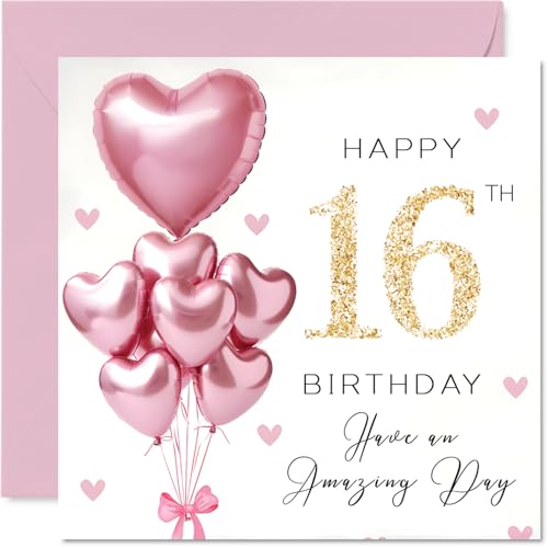 16th Birthday Cards for Girls Pink Glitter Balloons