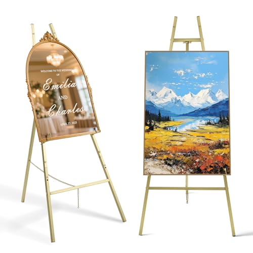 Gold Easel Stand for Sign- 4 Tier Heavy Duty Metal Display Easel Stand for Paintings, Posters, Wedding Show,Pictures, Welcome Signs,with Adjustable Chain Easel for Wedding Sign