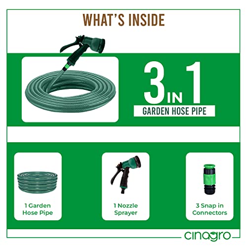 Image of Cinagro 20 Metres Braided Hose Pipe with Nozzle Sprayer and Snap-in Connector for Watering Home Garden, Car Washing, Floor Cleaning & Pet Bathing (1 /2 Inch, Green)