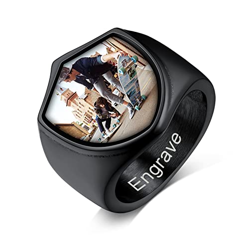 Custom4U Engraving Custom Ring for Mens Personalized Black Shield Signet Picture Jewelry