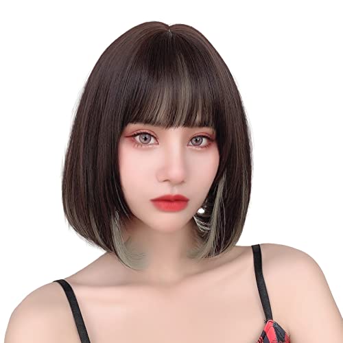 Lotfon Curly Bob Wig with Bangs Synthetic Heat Resistant Bob Wigs for American Women (Black Mix Green)