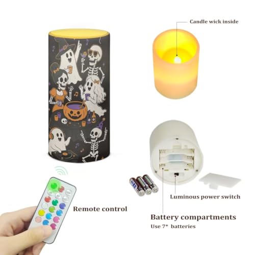Image of Poceacles Flameless Candle Battery Powered with Remote Control 12 Colors 4 /8 Hours Timer LED Night Lights Pillar Candle Tealights Halloween Decoration, Ghost Pumpkin Musical Note Print