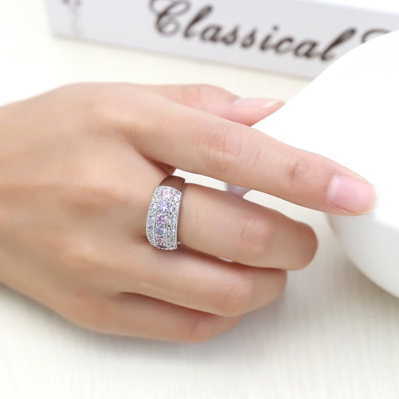 Female Small Pink Purple Rainbow Round Zircon Stone Engagement Ring for Women Stacking Ring(Red, Purple, Champagne,Olive Green,7)3
