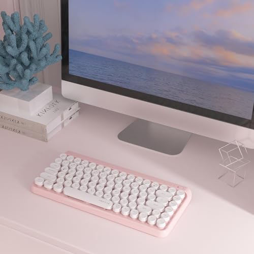 Image of UBOTIE Wireless Bluetooth Keyboard, Portable 84-Key with Cute Retro Round Keycaps, Ergonomic Typewriter Keyboards Compatible with Windows, Android, MAC (Pink-White)