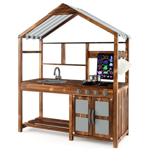 GYMAX Kids Mud Kitchen, Wooden Toy Kitchen with Canopy, Stov