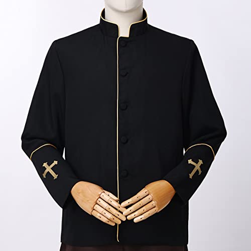 Mens Clergy Coat Church Priest Robe Vestment Stand Up Collar Button Down Top Outwear for Pastor2