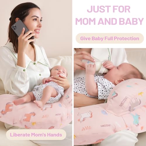 AMASKY Nursing Pillow, Breastfeeding Pillows, with Removable Pillow Cover, Ergonomic Nursing Essentials for Bottle Feeding, Machine Washable, Pink