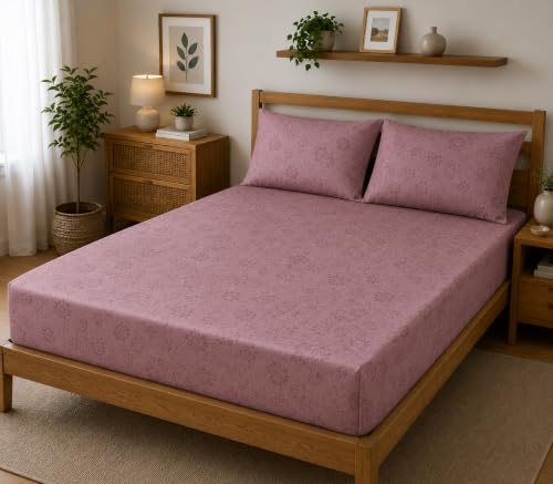 Image of Fitted Bedsheet Mauve 3D Floral Print Glace Cotton 210 TC | Queen Size for Double Bed Fits 5 x 6.5 ft Mattress (60 x 78 Inch) | All Around Elastic | 2 Pillow Covers | 10 Inch Deep Pocket