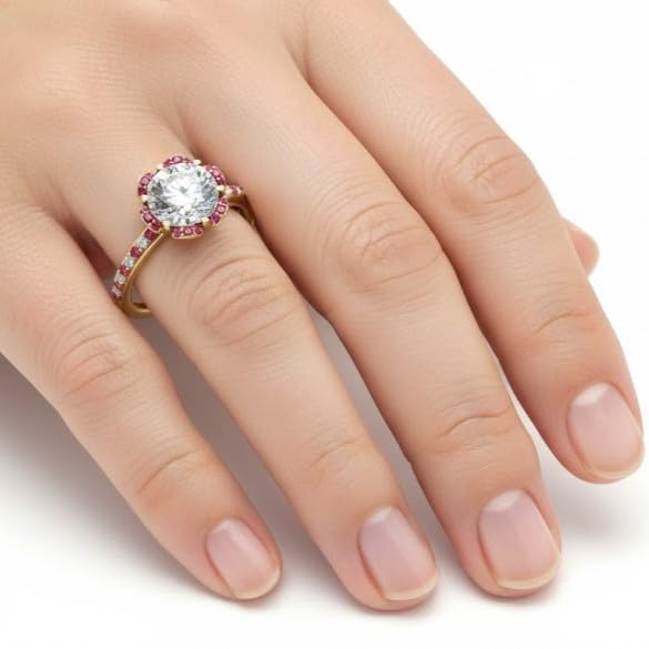 Image of 55Carat Choose Your Gemstone 6 Petal Ring Yellow Gold Plated Round Shape Halo Engagement Rings Well Shaped for Any Gift Giving Occassion Modern Style Enchating Women US Size 4 to 12