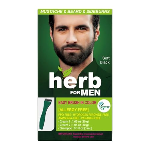 Herb For Men Mustache & Beard Dye (Soft Black, 1 Pack), PPD-Free Ammonia-Free, Vegan with Natural...