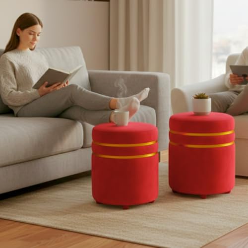 Image of Decorative Ottoman Pouffes for Sitting - Two-Piece Set of Puffy Stools and Footstools - Round Ottoman Stool for Living Room Furniture (RED)