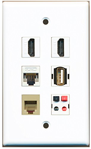 RiteAV - 2 HDMI 1 port USB A-A 1 port telefon RJ11 RJ12 beżowy 1 port Cat5e Ethernet biały 1 port głośnik płyta ścienna
