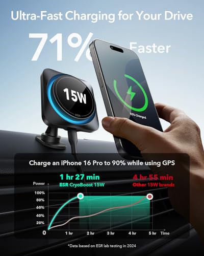 Image of ESR for MagSafe Car Mount Charger 15W with CryoBoost for iPhone 17-12 | Phone Cooling Magnetic Wireless Car Charger, Air Vent & Dashboard Mount, Fast Charger for, S26 /S25, Pixel 10