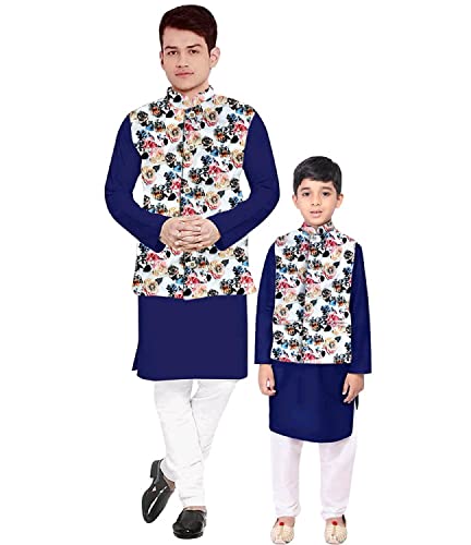 Image of Os Men's & boy kurta pyjama set with nerhu jackets (Multi printed) in cotton (baap beta|father son|)