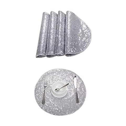 3E Home 38cm(15inches) Round Sequin Placemats, Sparkle Table Mats Heat Resistant for Dining Party Wedding Decoration (Set of 6,Silver) Cover