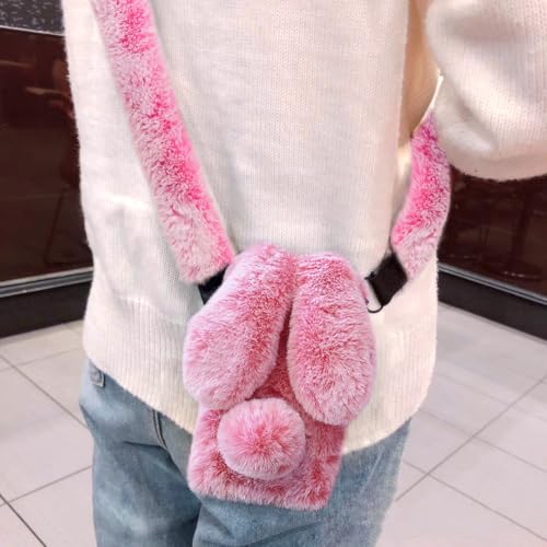 Omorro Compatible with iPhone 16 Pro Max Case for Women Girls Plush Rabbit Soft Warm Fluffy Furry Bunny Ear Fur with Crossbody Neck Chain Protective Crystal Diamond Bling Girly